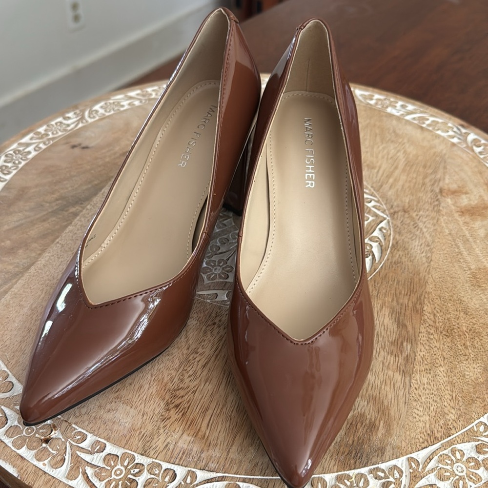 Marc Fisher Brown Patent Pointed-Toe Pumps - Picture 10 of 11